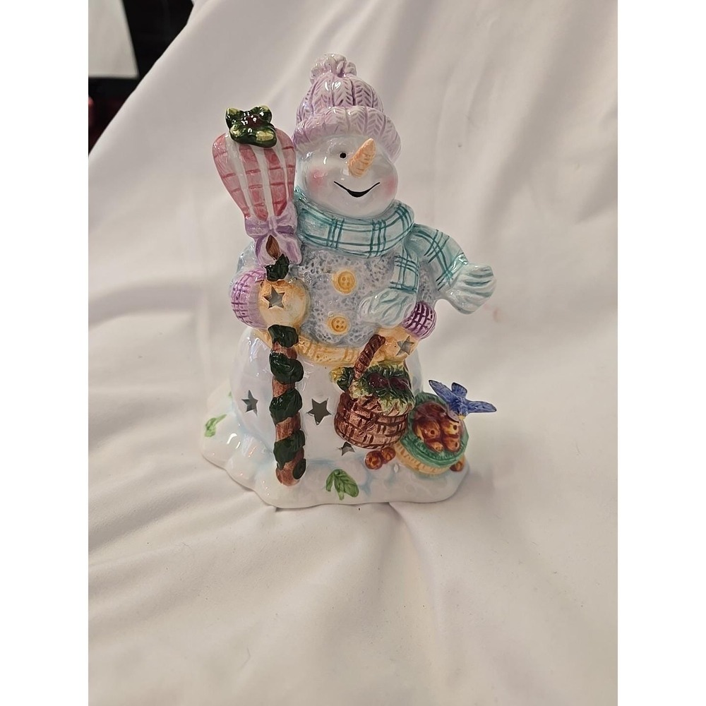 Ceramic Snowman & Bluebird Tealight Holder S & H 2001 Christmas Hand Painted